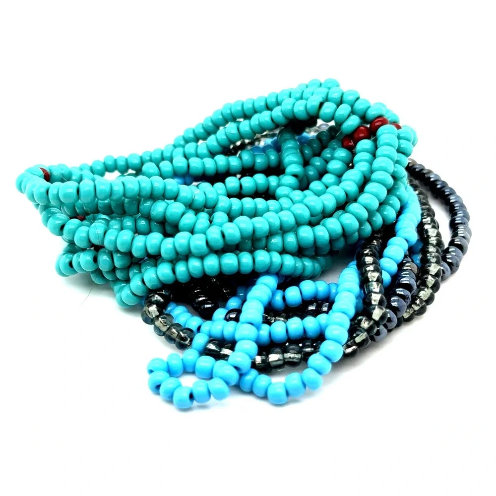 Boho Seed Bead Stretch Bracelet Set Turquoise Blue Gunmetal Metallic Stackable